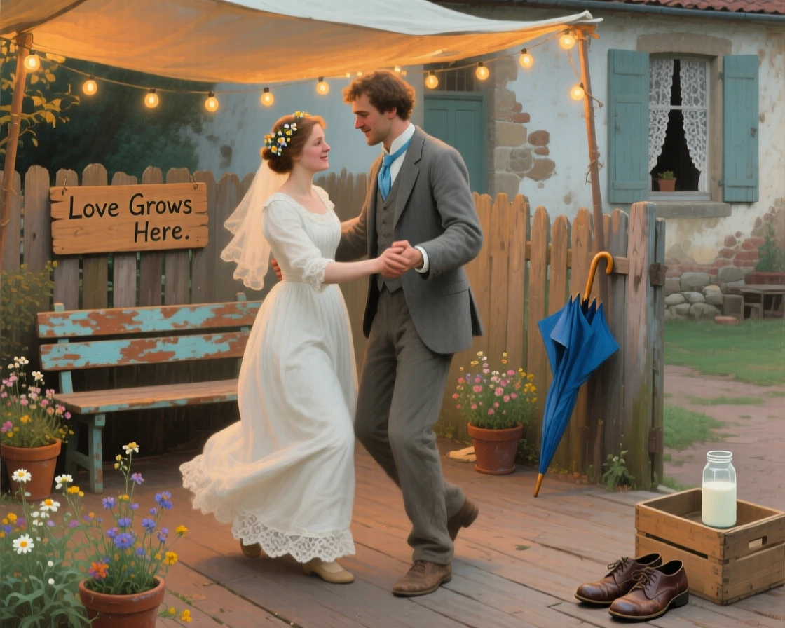 A bride and groom sharing their first dance beneath a canopy of string lights, surrounded by everyday details that ground the moment in reality, designed to resonate emotionally with viewers of any background