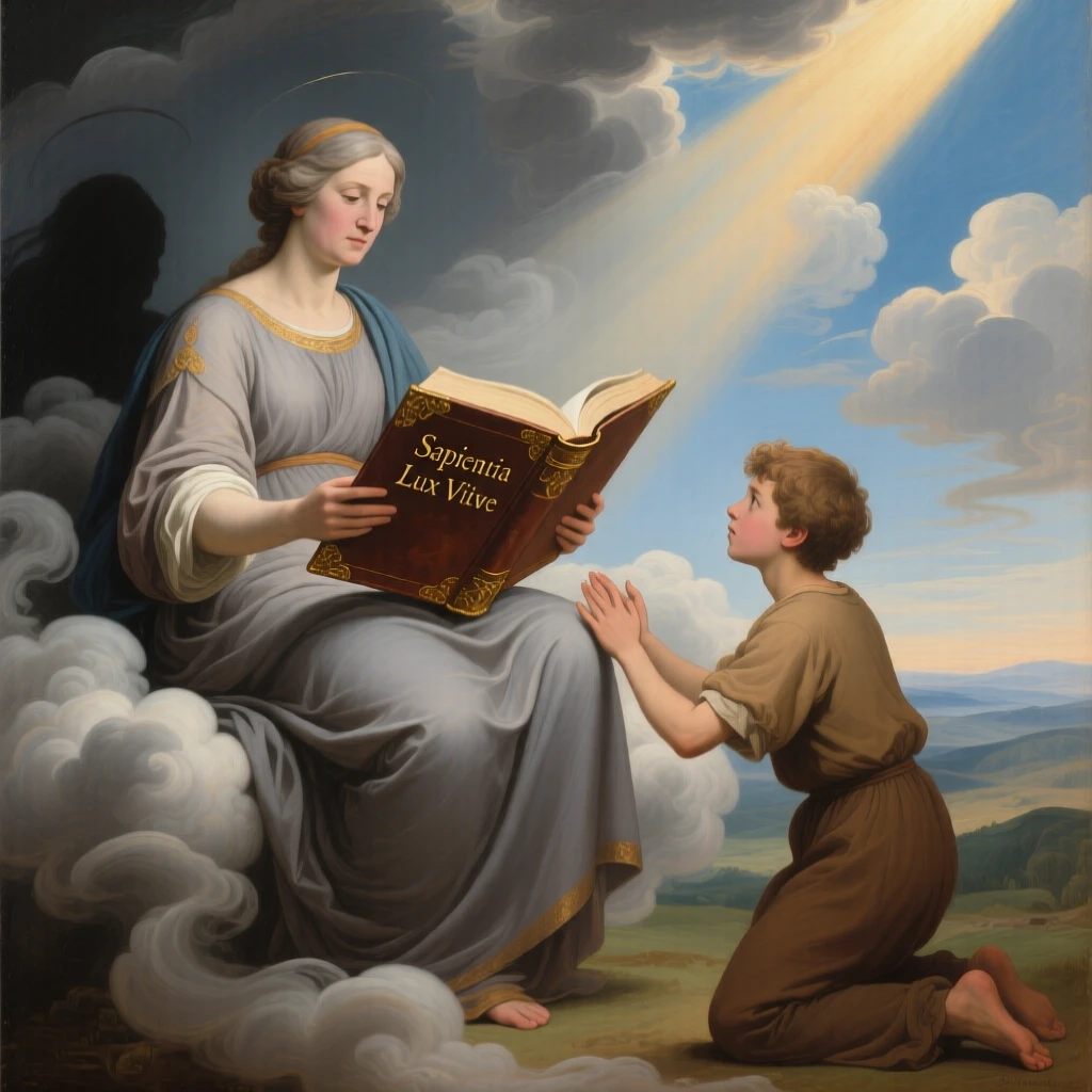 The figure of Wisdom offering an open book to eager youth as light and shadow embody opposing truths, set amid swirling clouds suspended between earth and sky, with a single ray of light illuminating the central symbolic gesture; the composition balances opposing symbolic elements on either side of the central figure, suggesting hope, transformation, and the endurance of the human spirit.