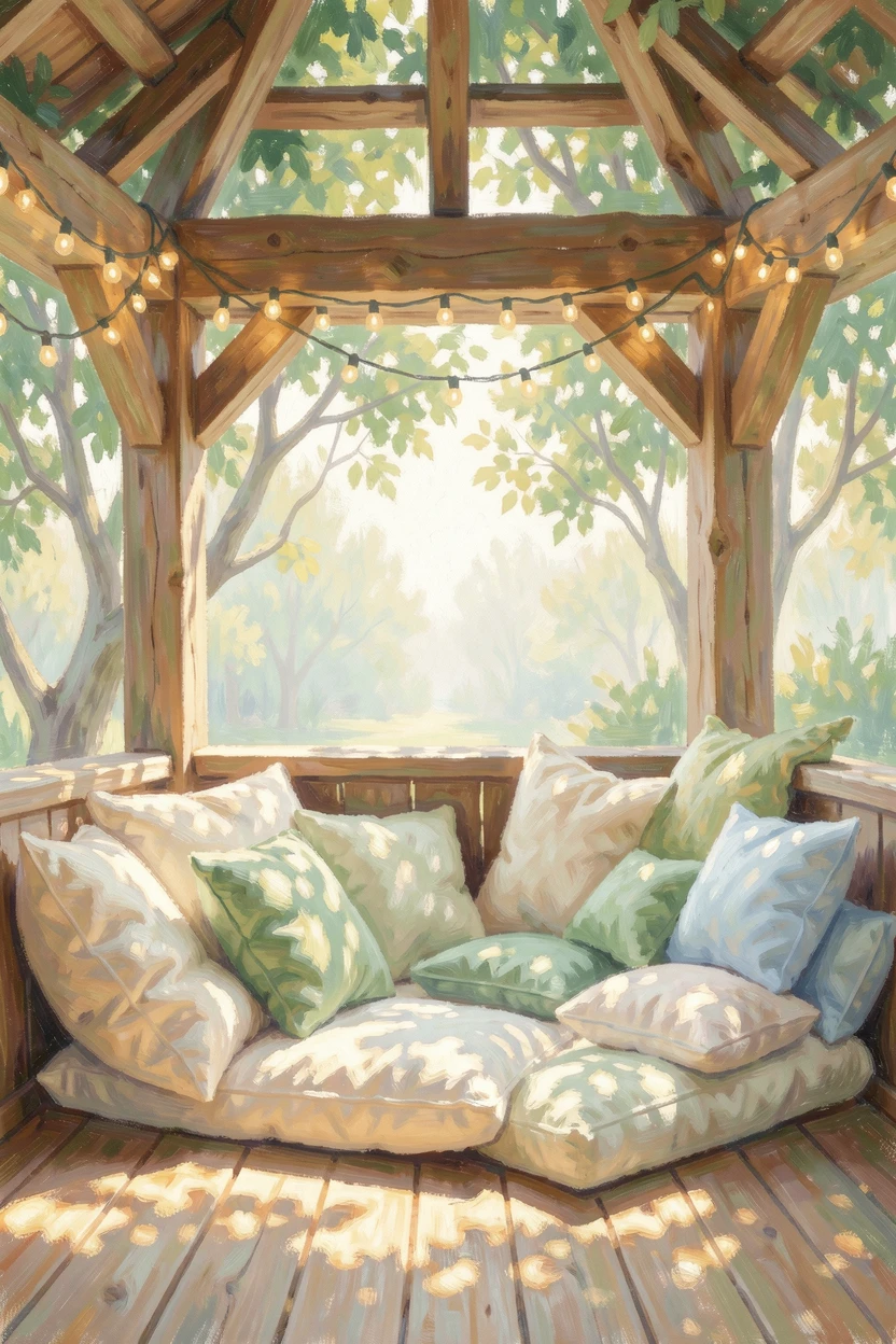 A cozy reading corner in a treehouse, fairy lights strung above a nest of soft cushions.