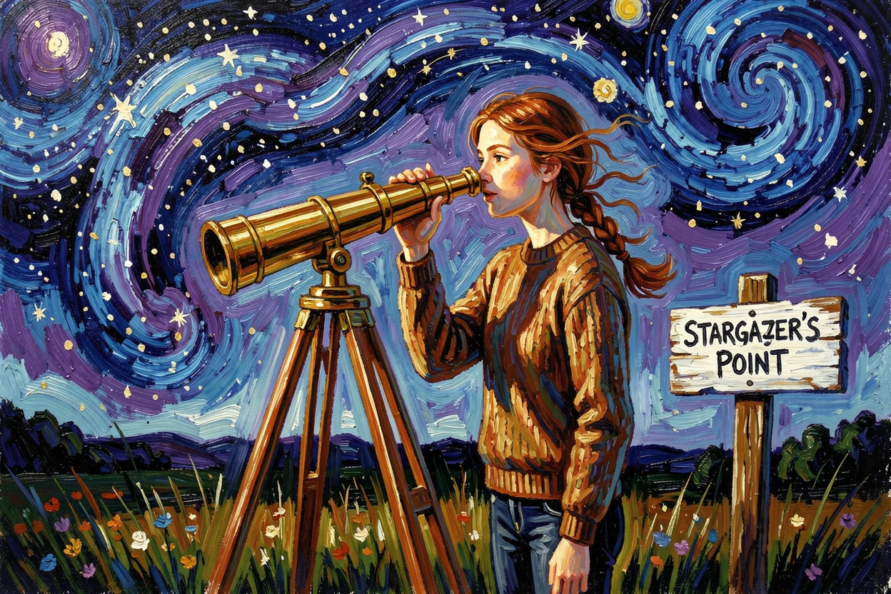 A young astronomer gazing through a telescope, awe lighting up her face under a starry sky.