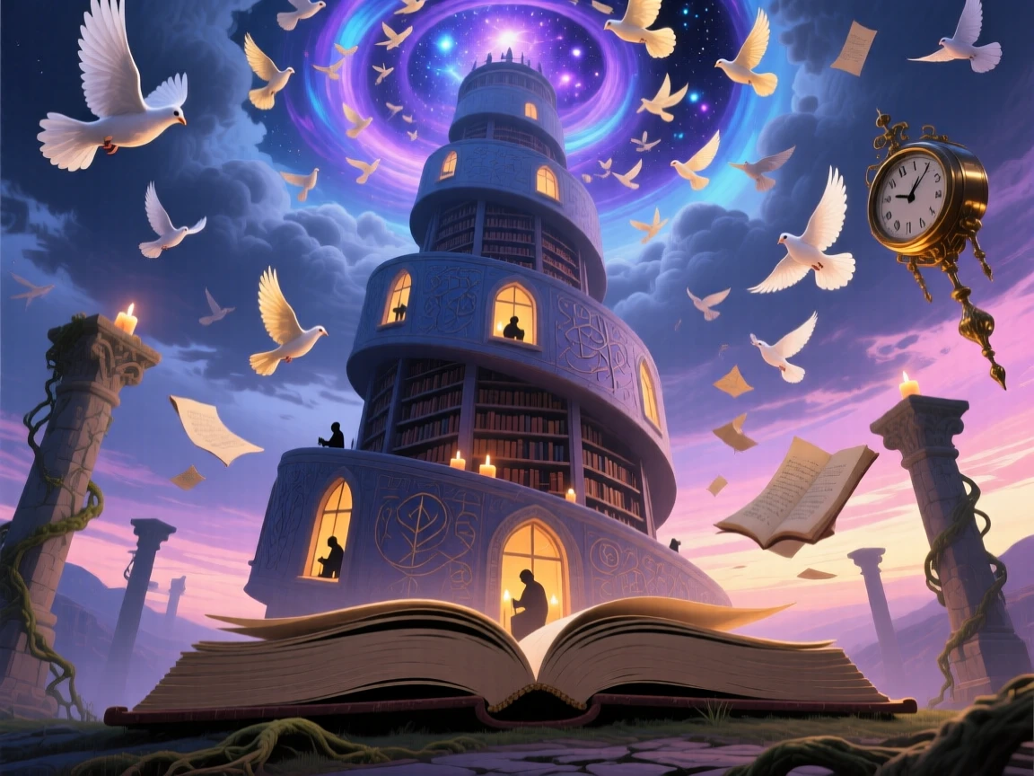 A library tower that spirals into the clouds glows faintly from within as evening falls, and a spiral of doves circles above it.