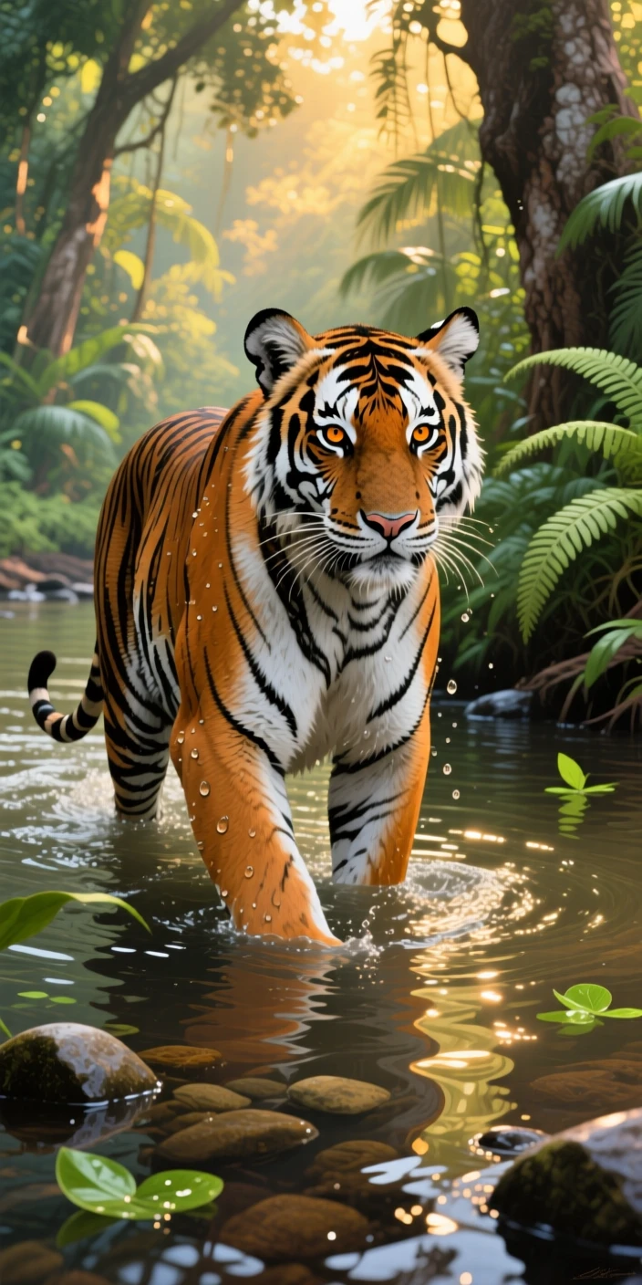 A majestic Bengal tiger wades through a shallow river in an Indian jungle, water rippling around its powerful legs as it stares directly at the viewer, its posture alert yet relaxed, fully at ease within its natural surroundings.