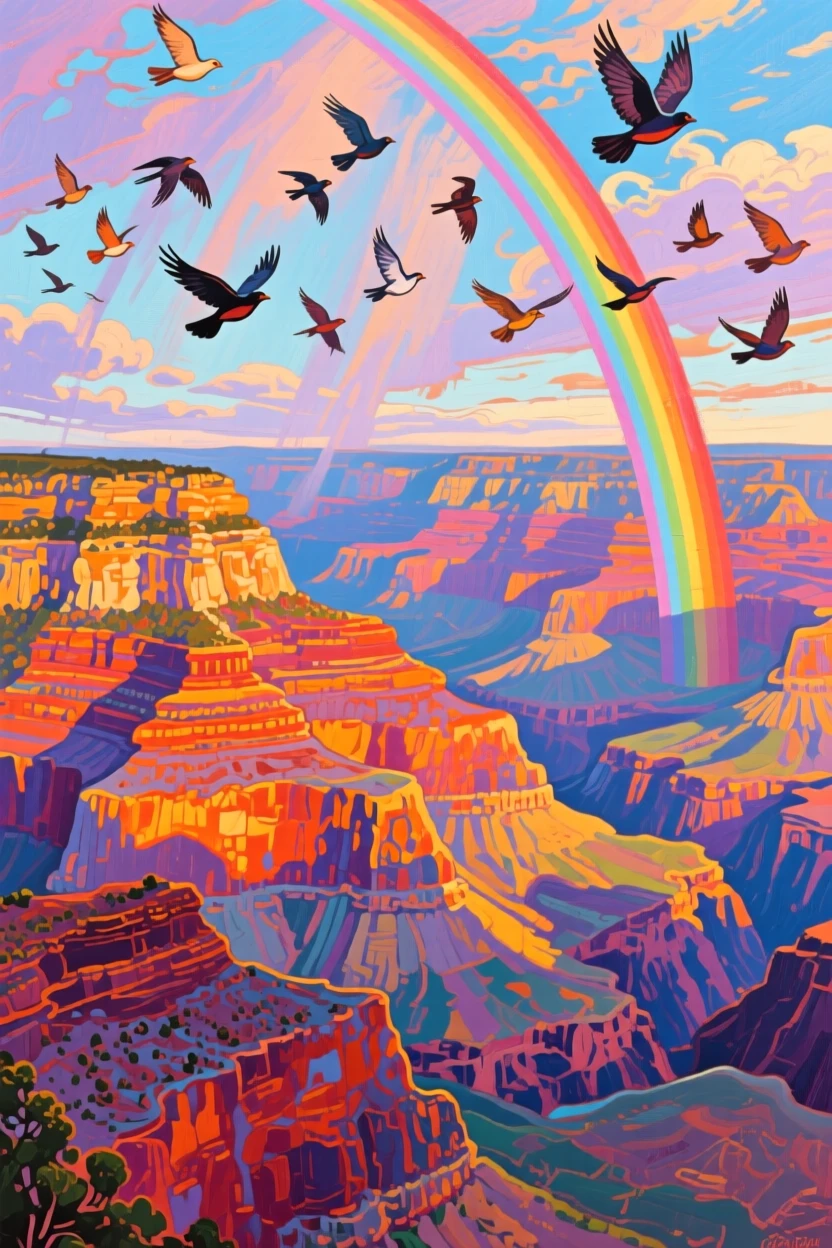 The Grand Canyon's layered cliffs glowing in warm light, under a rare double rainbow, flocks of birds wheeling overhead