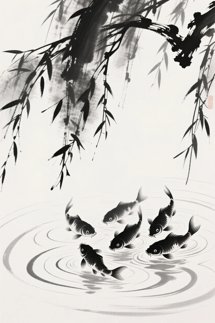 Koi fish gather near the surface as ripples spread outward, beneath the shade of overhanging willow branches.