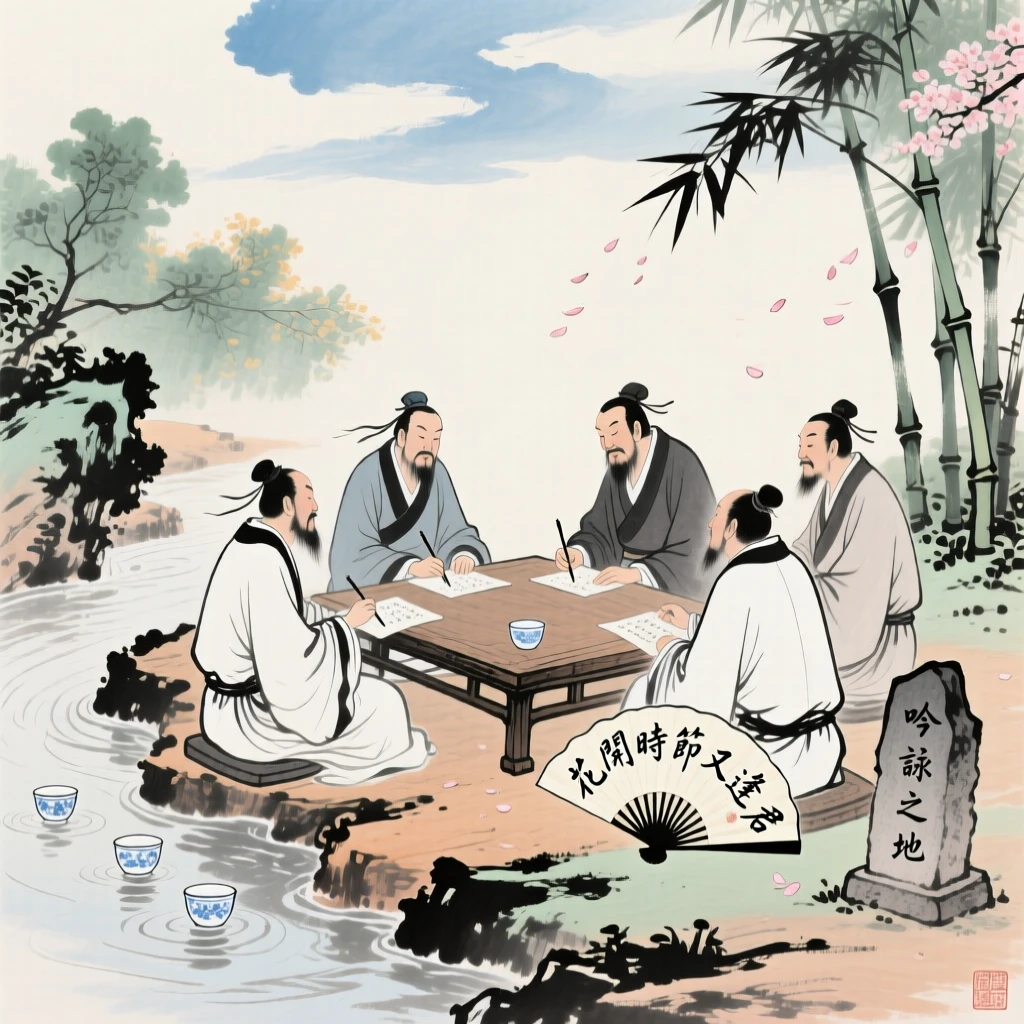 An ancient scholar's garden party with guests composing poems on floating cups, in a warm breeze carrying the scent of blossoms, under drifting clouds.