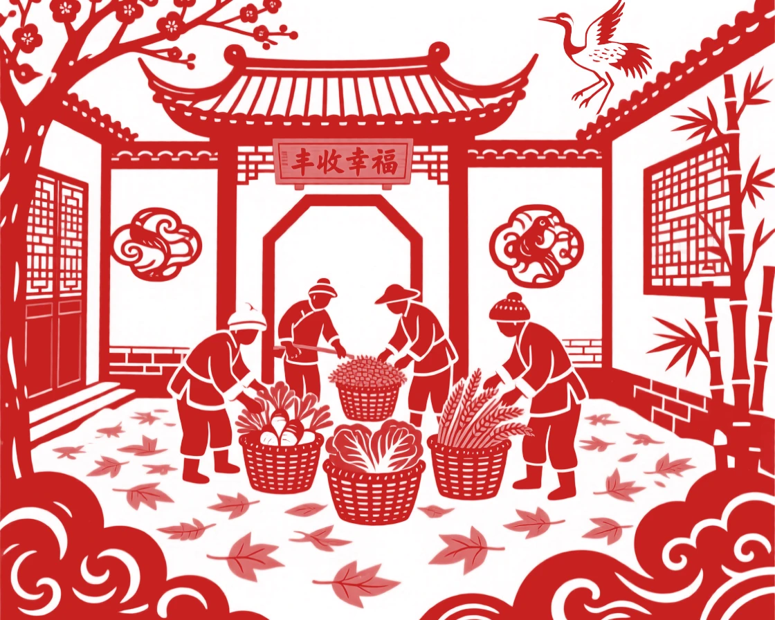 A Winter scene of a courtyard filled with golden fallen leaves, farmers gathering the season's bounty.