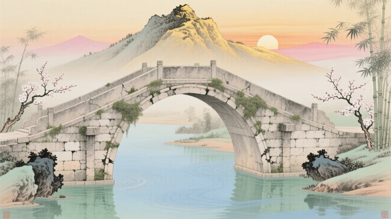An ancient stone bridge arching over a slow river, with the first light of sunrise touching the highest peak