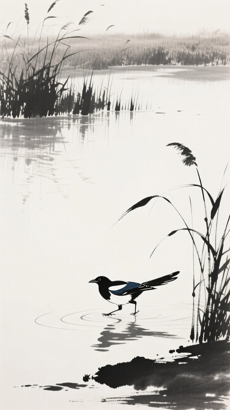A magpie skimming the surface of a quiet pond along the edge of a reed-lined marsh, positioned in one corner, leaving airy negative space, suggesting renewal and the gentle passage of seasons.
