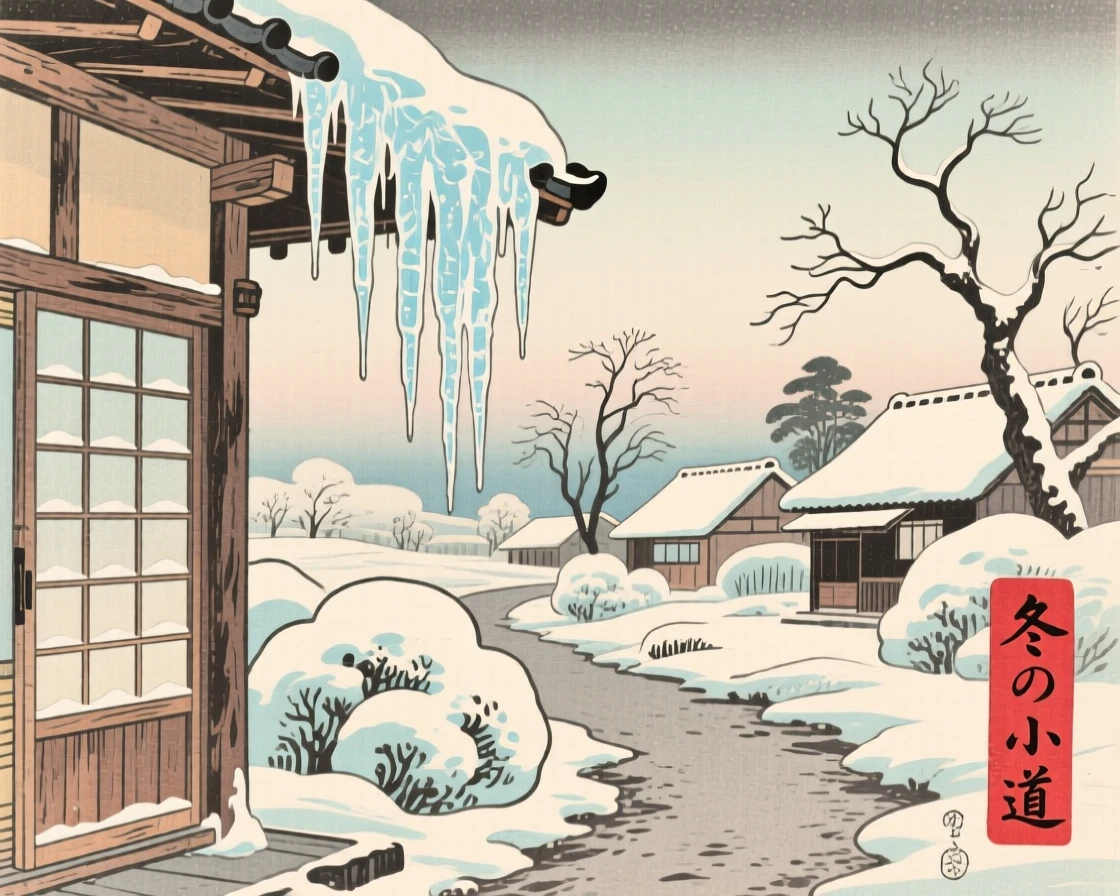 Icicles hanging from a wooden eave beside a quiet village path.