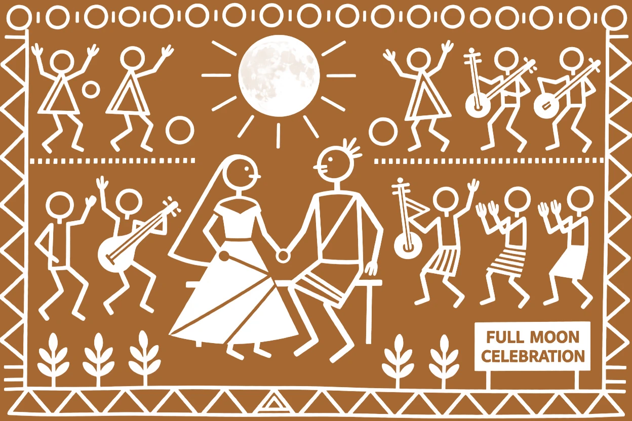 A full moon celebration celebrated with a bride and groom seated at the center of the gathering.