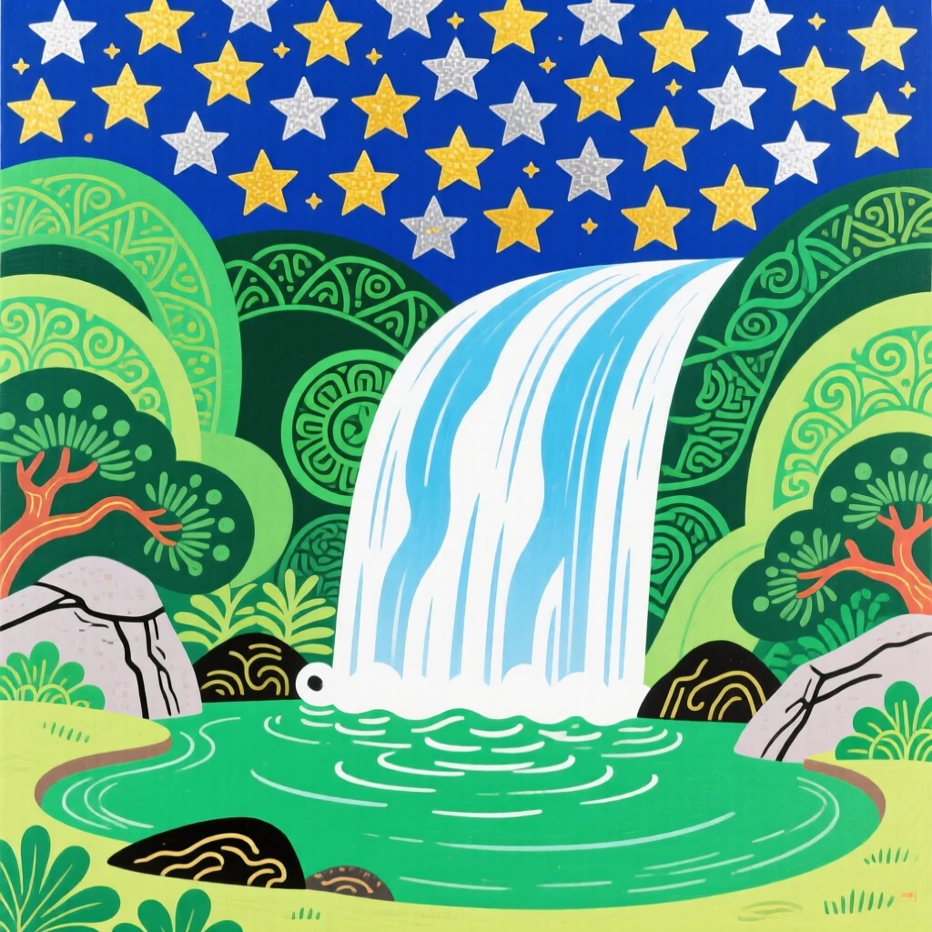 A sweeping view of a cascading waterfall dropping into a green pool under a canopy of stars.