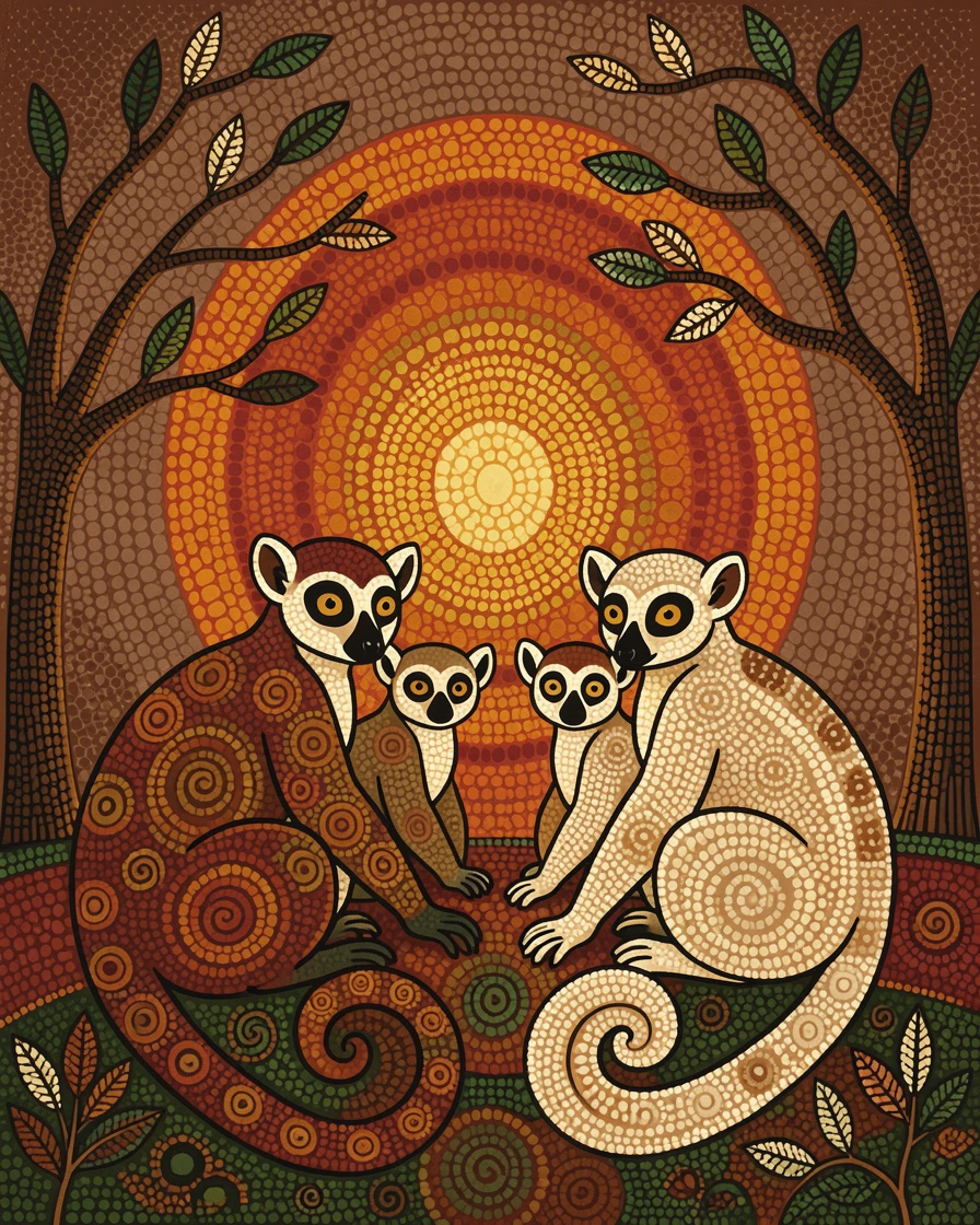 A lemur family gathered at sunset