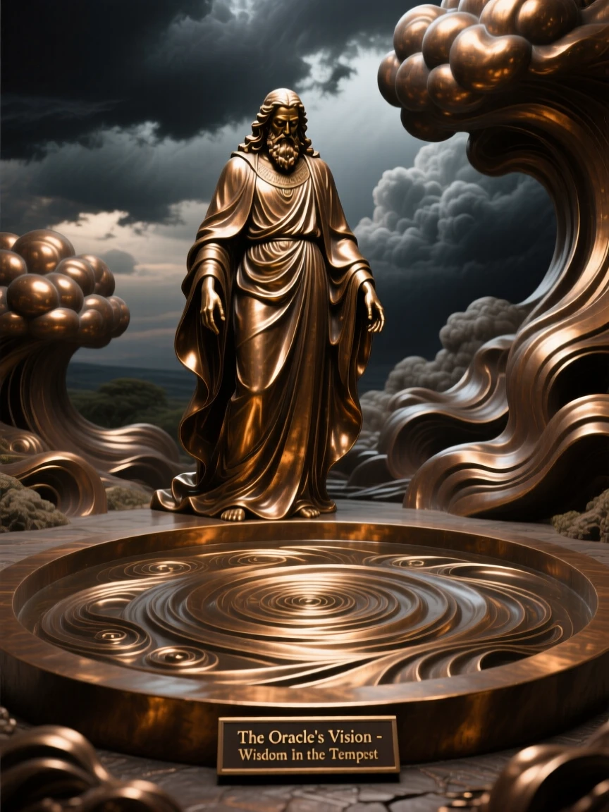 An oracle gazing into a swirling pool of visions, framed by dramatic storm clouds, radiating awe and grandeur