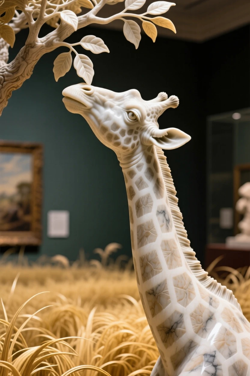 A striking close-up of a giraffe reaching for treetop leaves, full of life and grace, in golden savanna grass