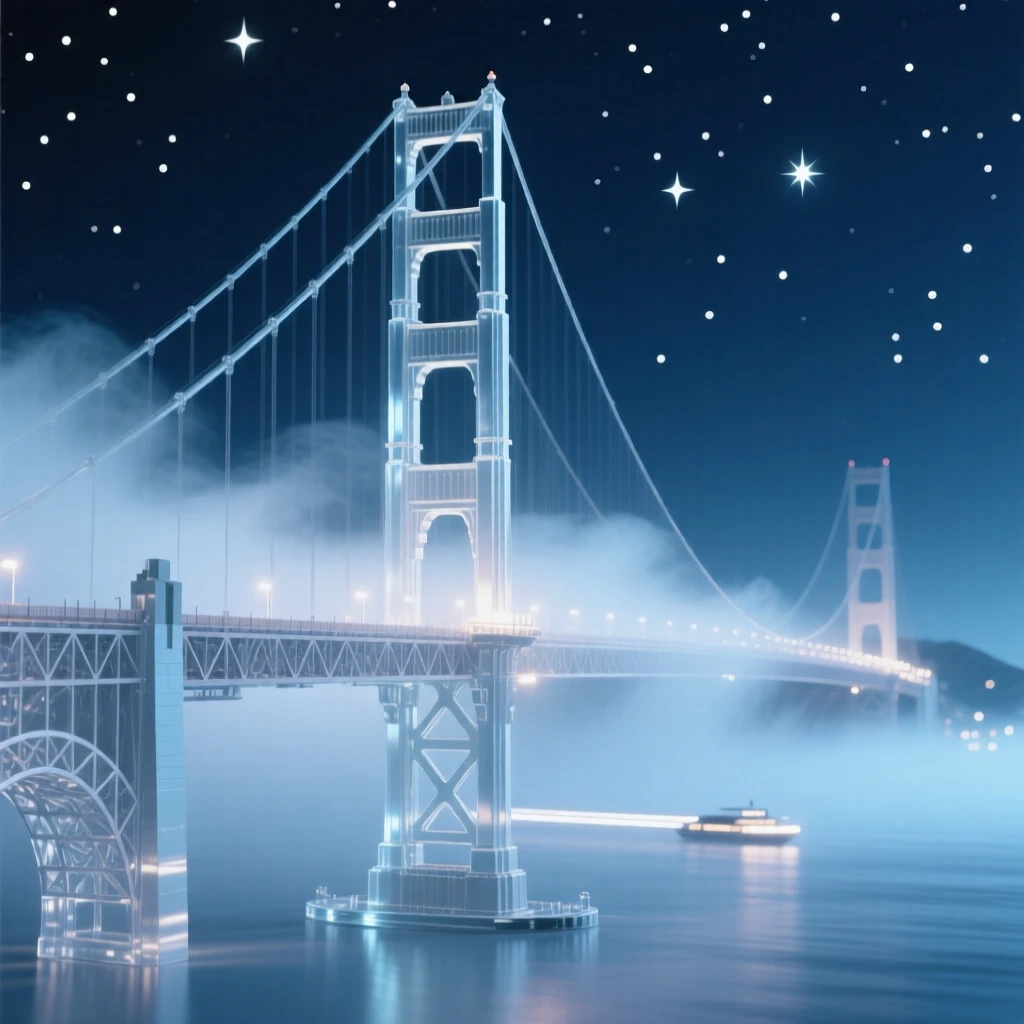 The Golden Gate Bridge shrouded in fog under a starry night sky, long soft light trails in the distance, composition emphasizing scale and grandeur.