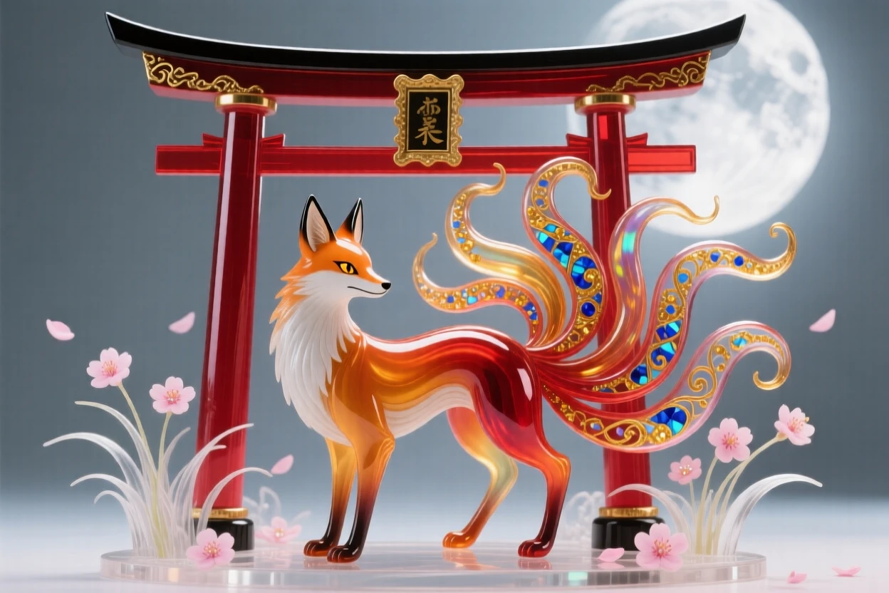 A kitsune nine-tailed fox spirit standing at a torii gate under moonlight, mysterious and elegant.