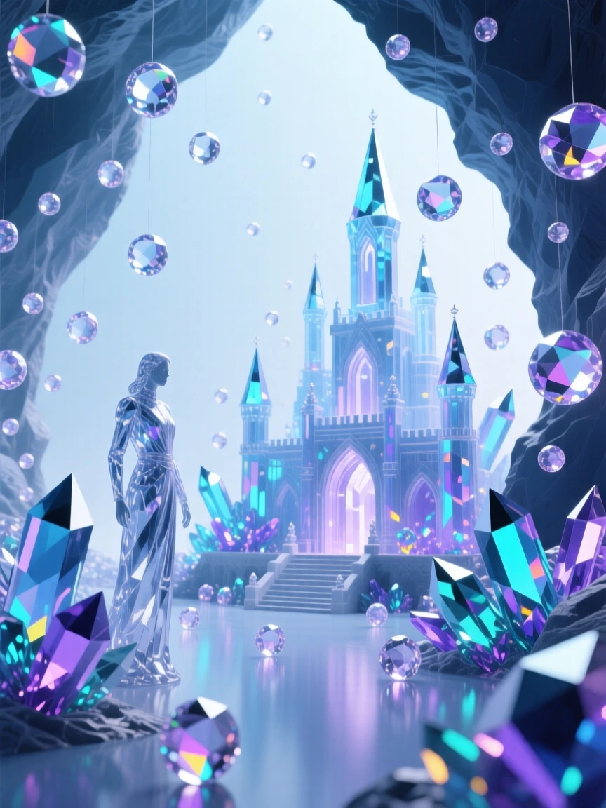 A crystal cavern kingdom lit by thousands of floating glowing orbs.