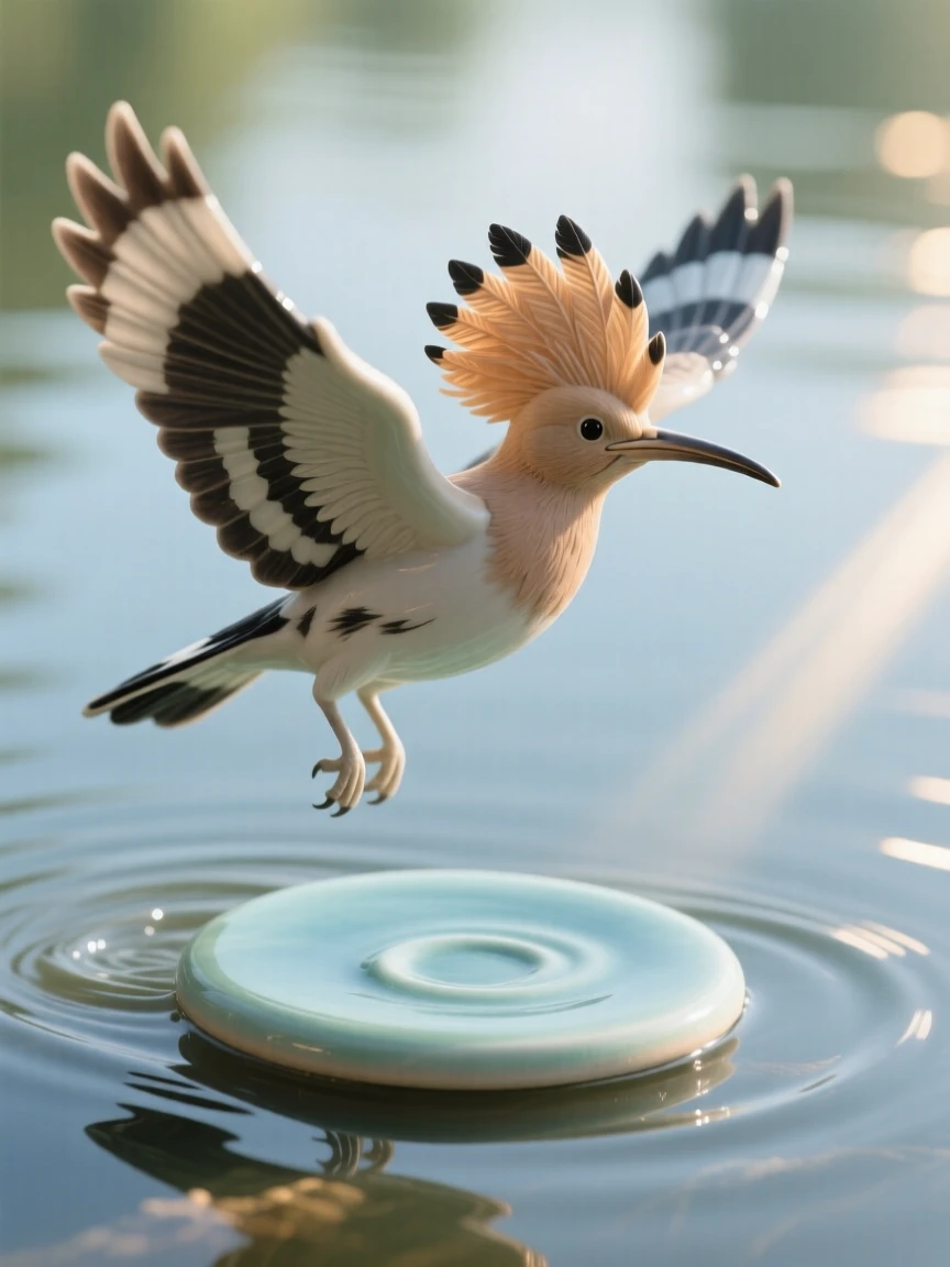 A hoopoe with its crest fully raised caught gliding low over calm water, framed by soft rays of morning sun, evoking lightness, freedom, and grace.