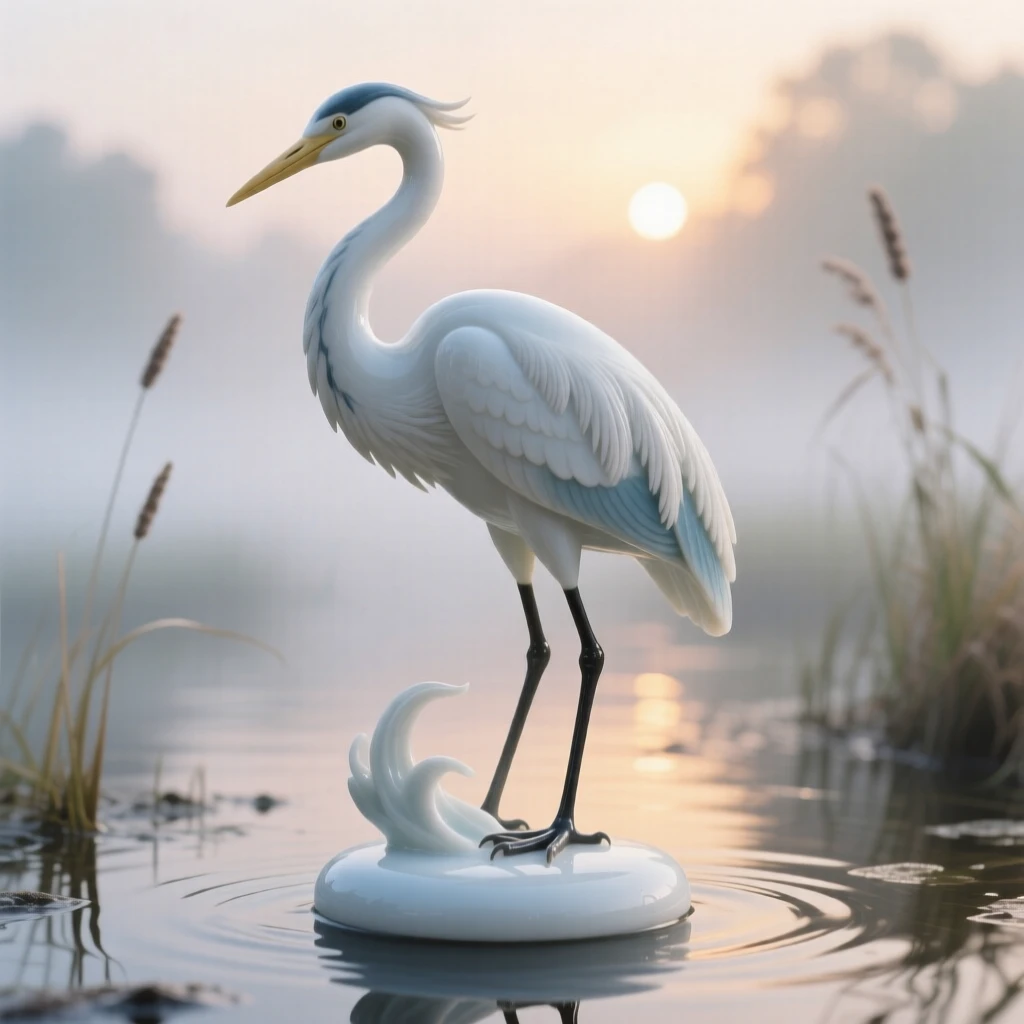 A elegant heron in a misty wetland at dawn, preening delicately in golden light.
