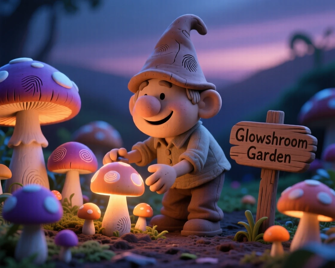 A gnome tending a garden of glowing mushrooms at twilight