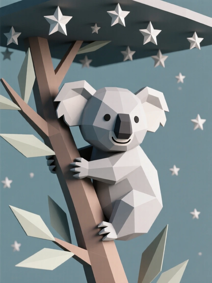 A koala clinging to a eucalyptus branch, beneath a canopy of stars. delicate detail is visible in the fur and eyes. The scene feels calm and majestic.