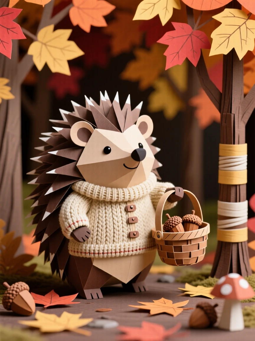 A plump little hedgehog wearing a tiny knitted sweater, carrying an acorn basket through a miniature autumn forest, evoking cozy seasonal cuteness.
