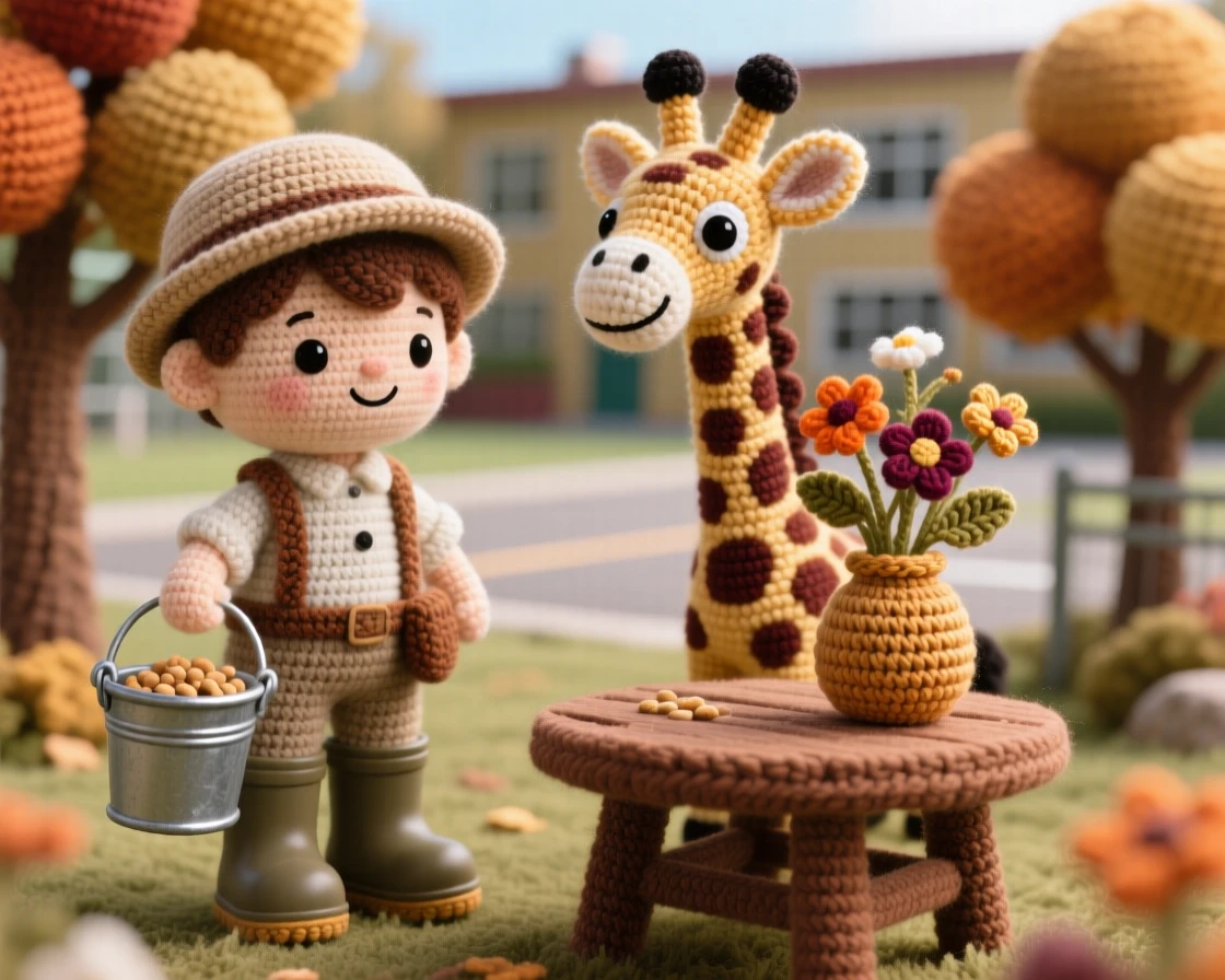 a small boy zookeeper, with a bucket of feed and rubber boots, is captured feeding a friendly baby giraffe in a quiet schoolyard framed by autumn trees beside a small vase of wildflowers on the table, radiating tender patience and unhurried craftsmanship.