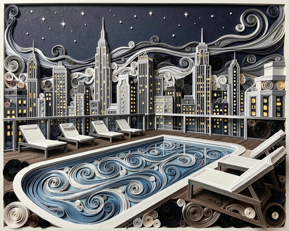 A sophisticated luxury scene of a rooftop infinity pool overlooking a glittering skyline beside a glittering city skyline at night, in cool platinum and silver tones, framed with rich, deep shadows for contrast.