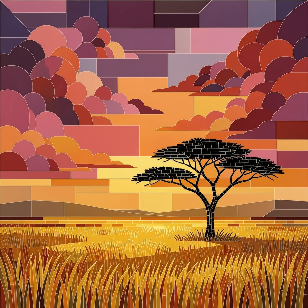 A wide panoramic view of a golden savanna at sunset with a single acacia tree silhouette, with dramatic clouds and rich natural color.