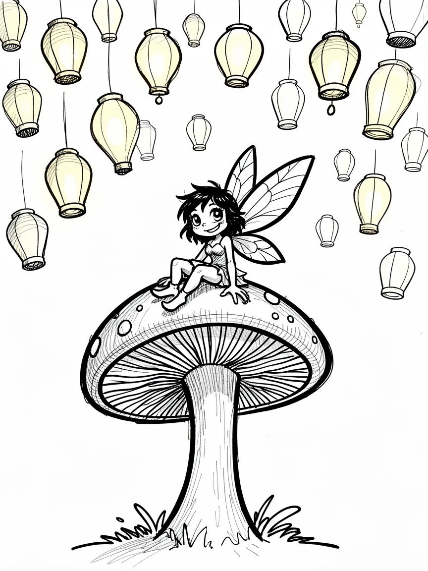 A tiny fairy resting on a mushroom under a sky full of floating lanterns.