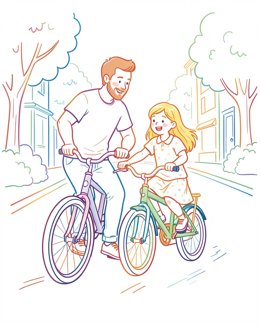 A father teaching his daughter to ride a bike on a quiet street.