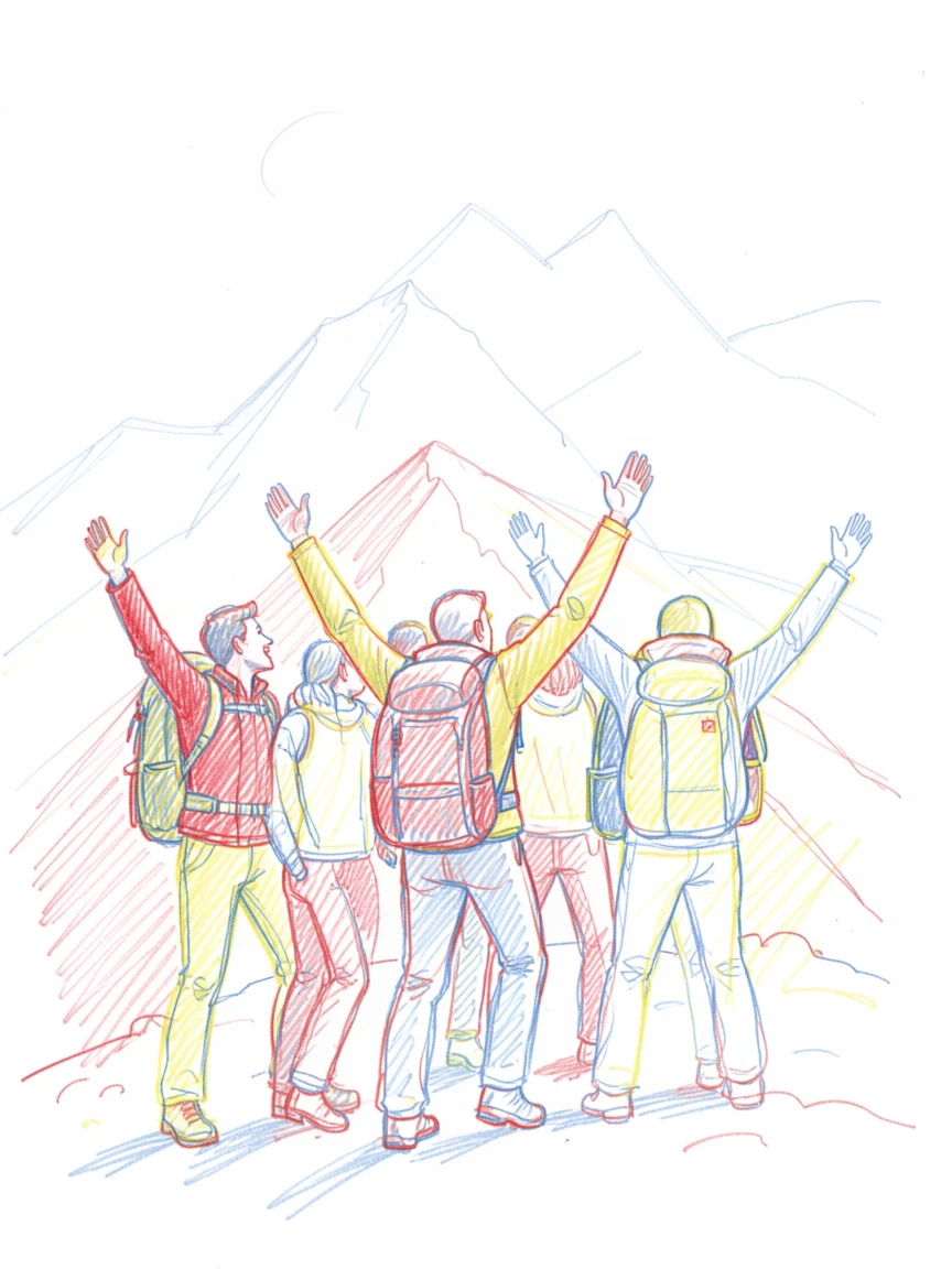 A group of hikers reaching a mountain summit together, arms raised in triumph