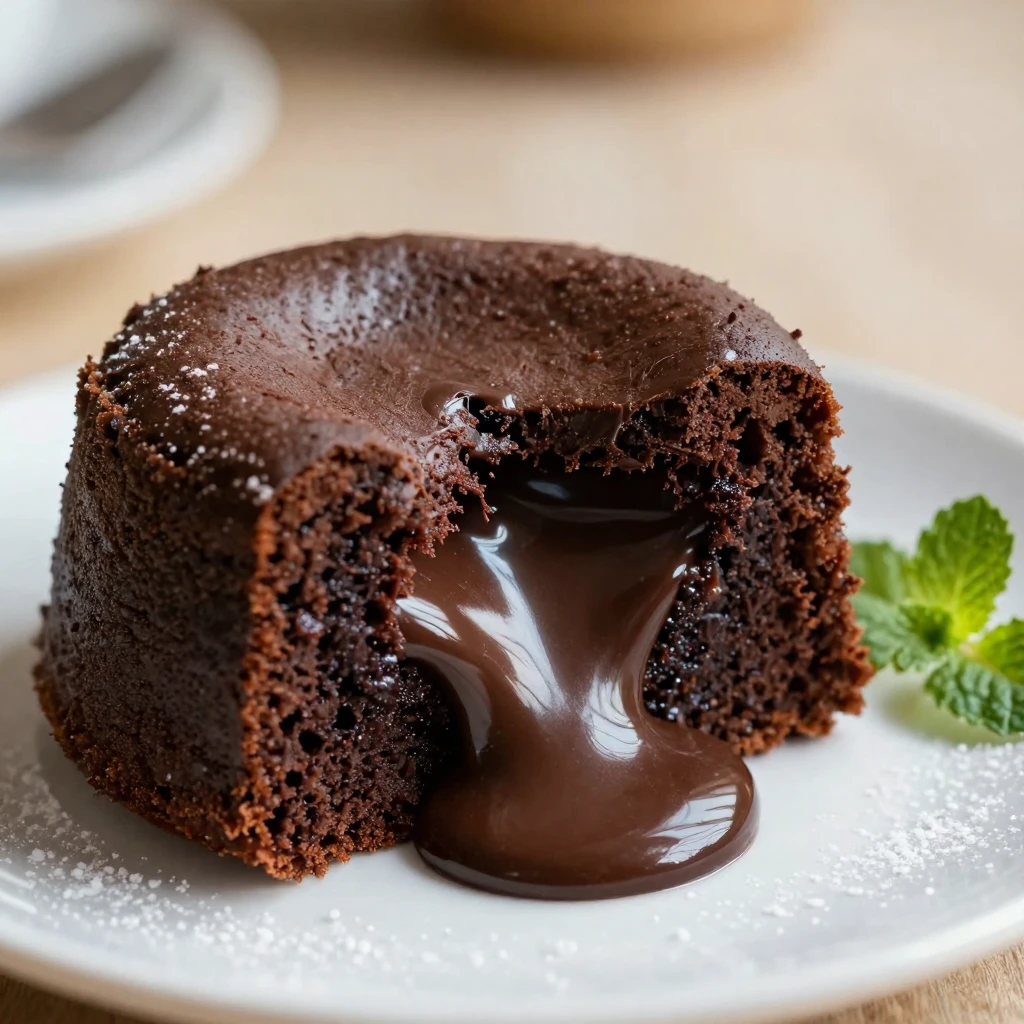 A slice of rich chocolate lava cake oozing at the center