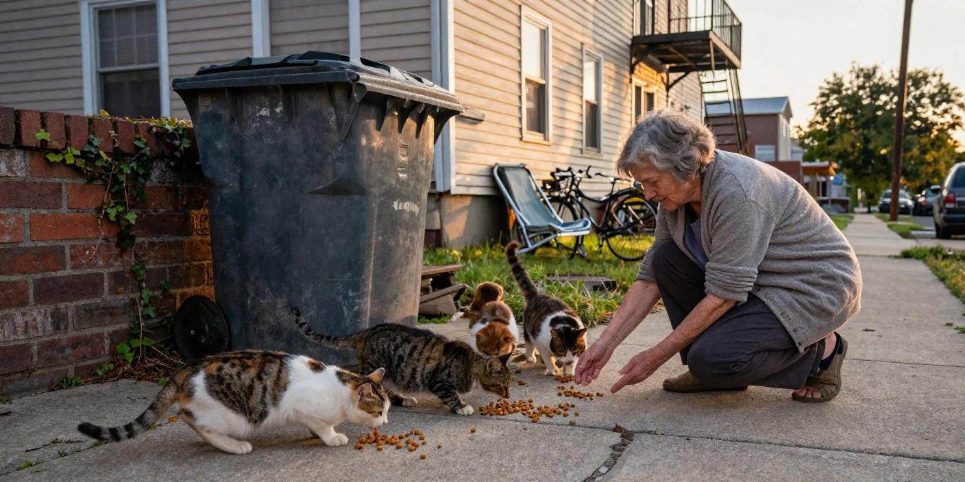 An elderly woman feeds stray cats behind her apartment building every evening.