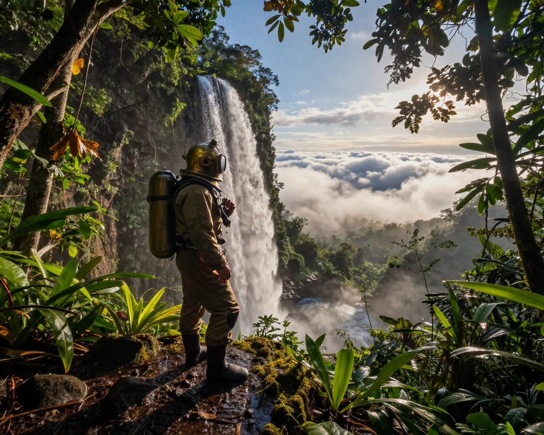A deep sea diver discovering a hidden waterfall deep in the jungle above a sea of rolling clouds
