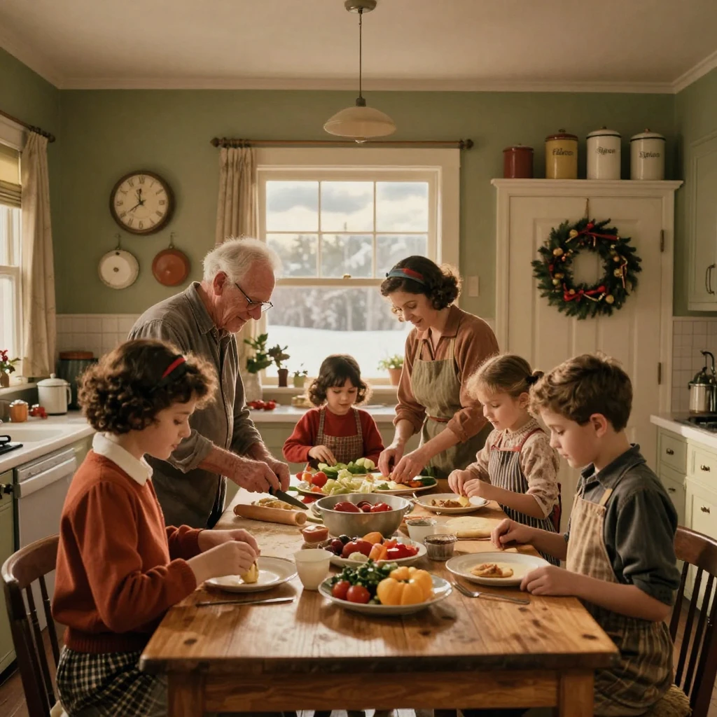A multigenerational family preparing a holiday feast in a busy kitchen, under soft golden-hour light, under scattered clouds, in the depths of winter, with muted olive and rust colors, viewed from across the room.
