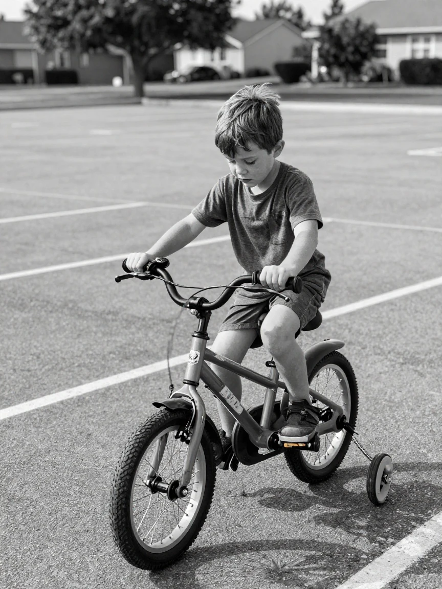A young boy learns to ride a bicycle without training wheels in an empty parking lot.