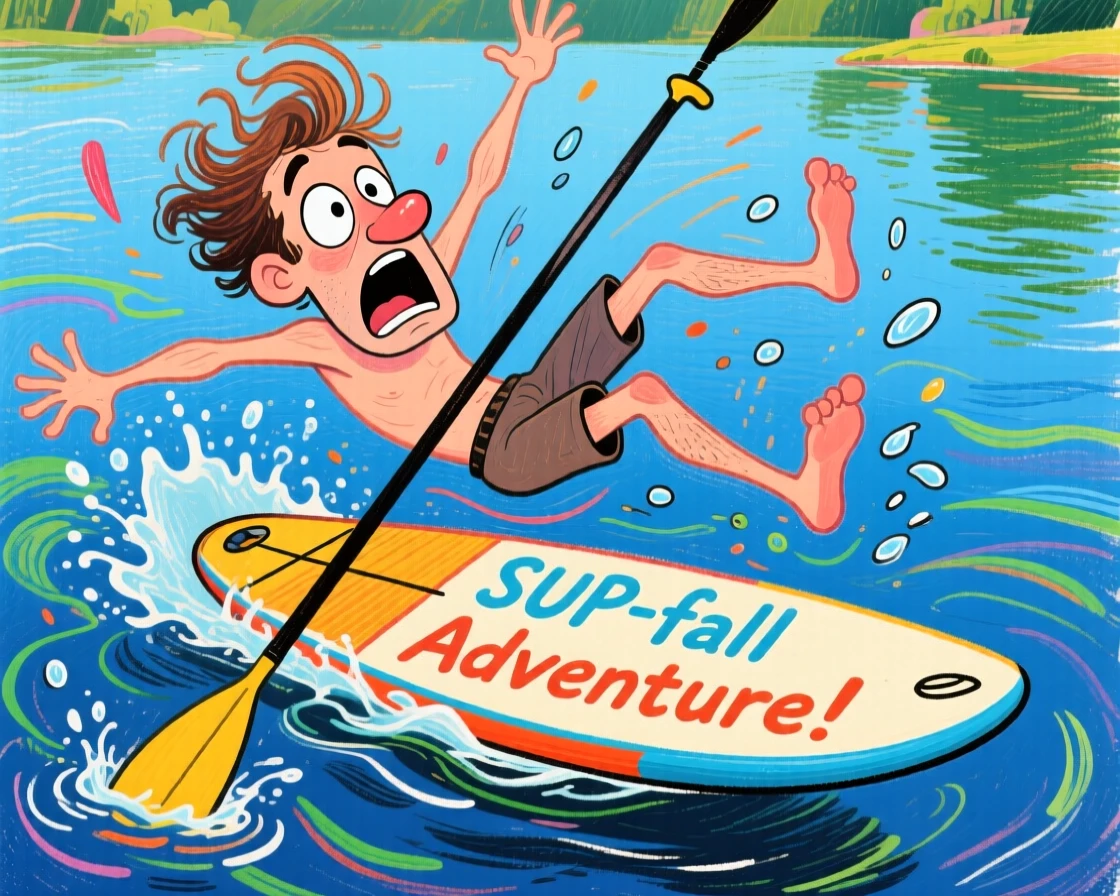 A man caught mid-fall off a paddleboard into a lake.