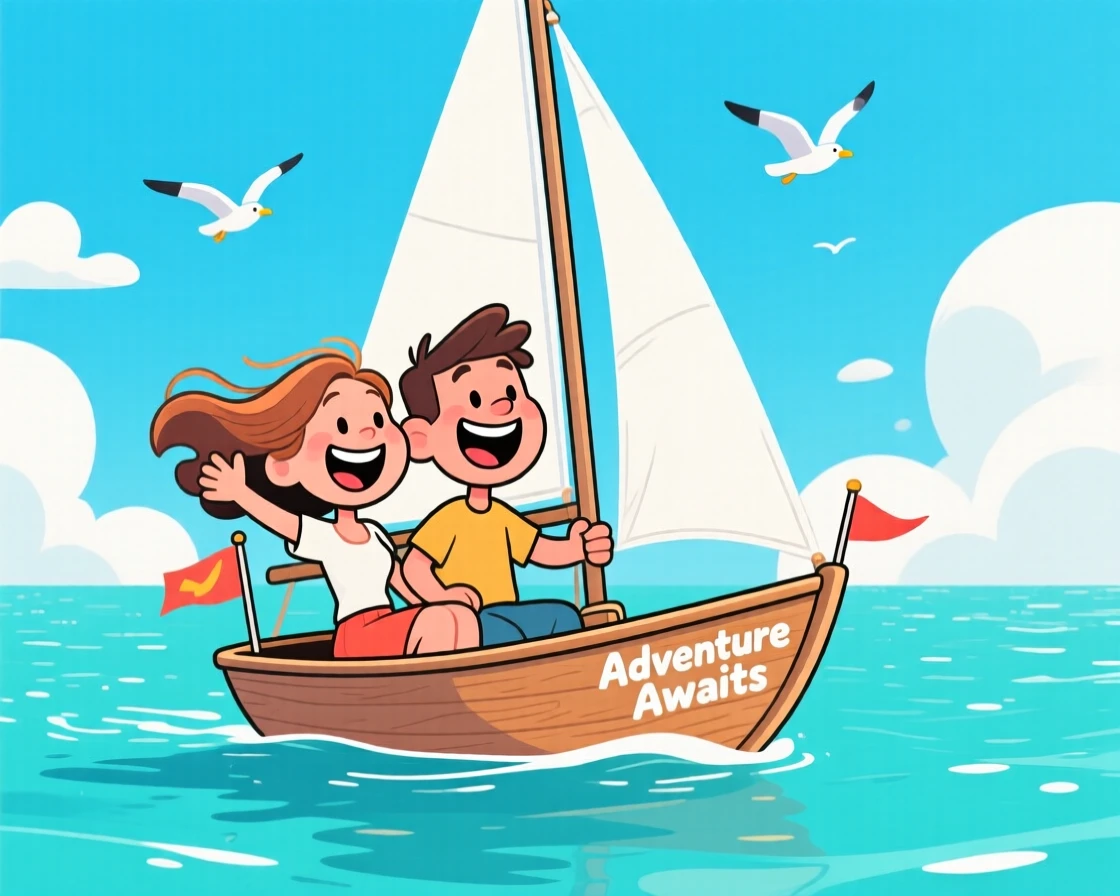 An aspirational lifestyle scene of a couple sailing a small boat across calm turquoise waters, wind in their hair.
