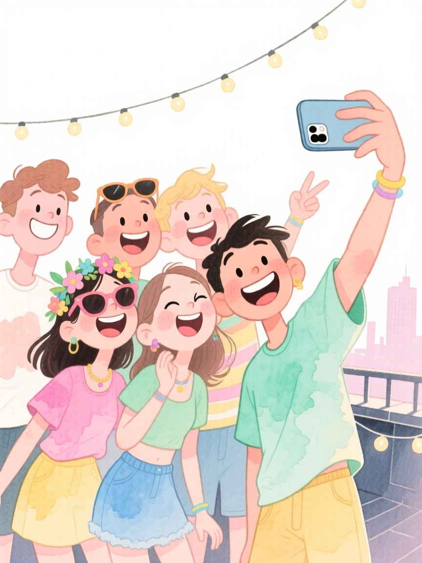 A group of friends at a rooftop party taking a joyful group selfie at a music festival