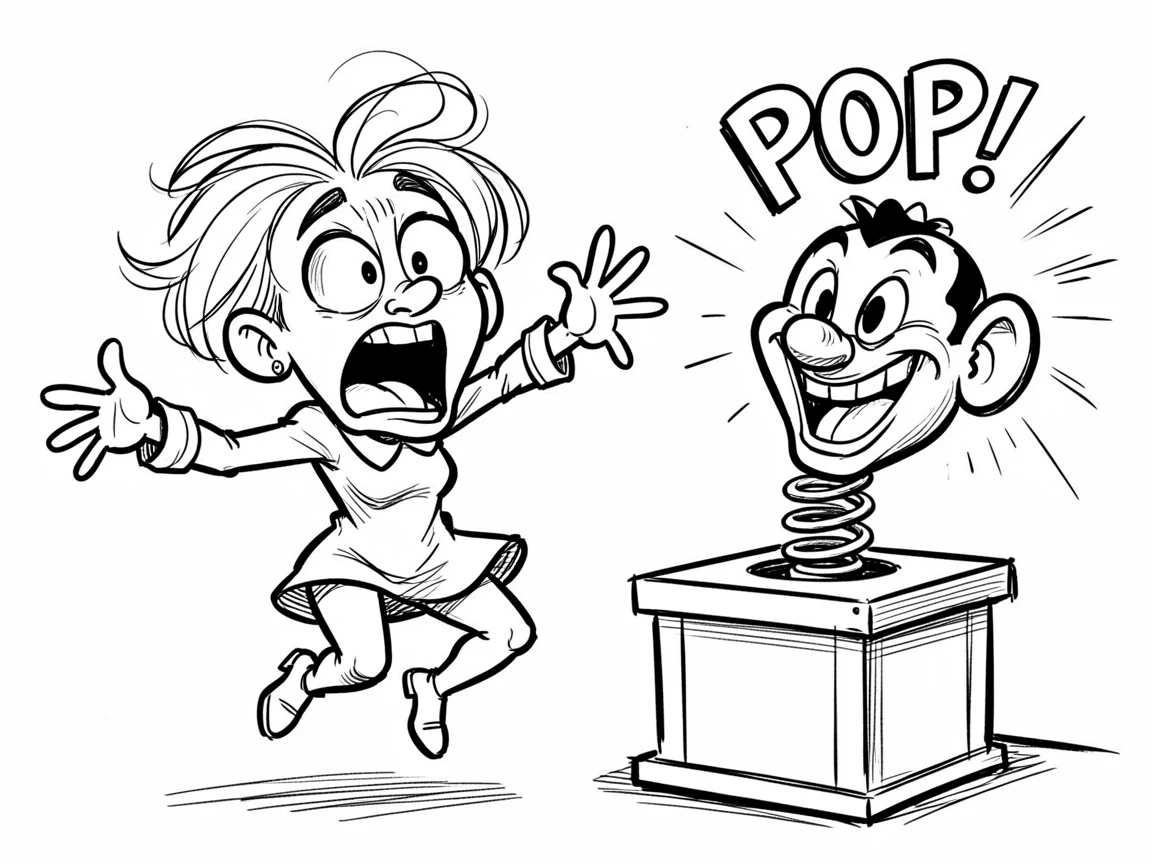 [Funny & Exaggerated Situations] Comical scene of a woman jumping back startled by a jack-in-the-box toy, exaggerated for maximum laughs