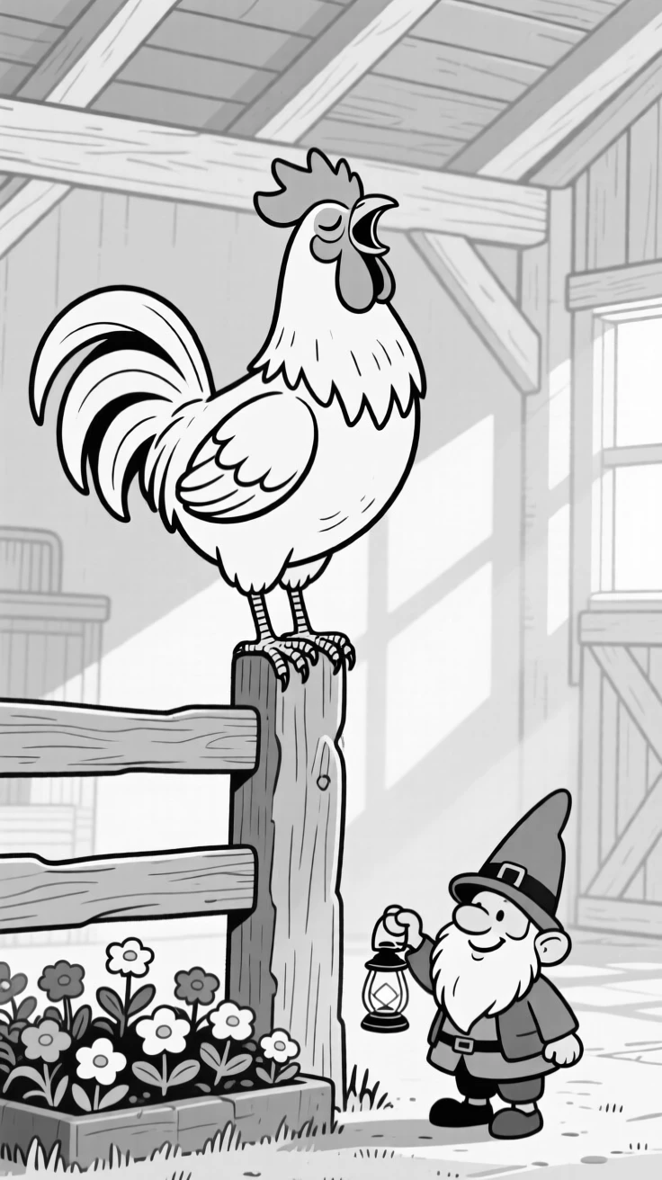 A proud rooster crowing atop a fence post, blinking slowly in mock wisdom, set in a sunlit barn stall. A garden gnome watches from the flower bed. It's an irresistibly charming slice of animal personality.