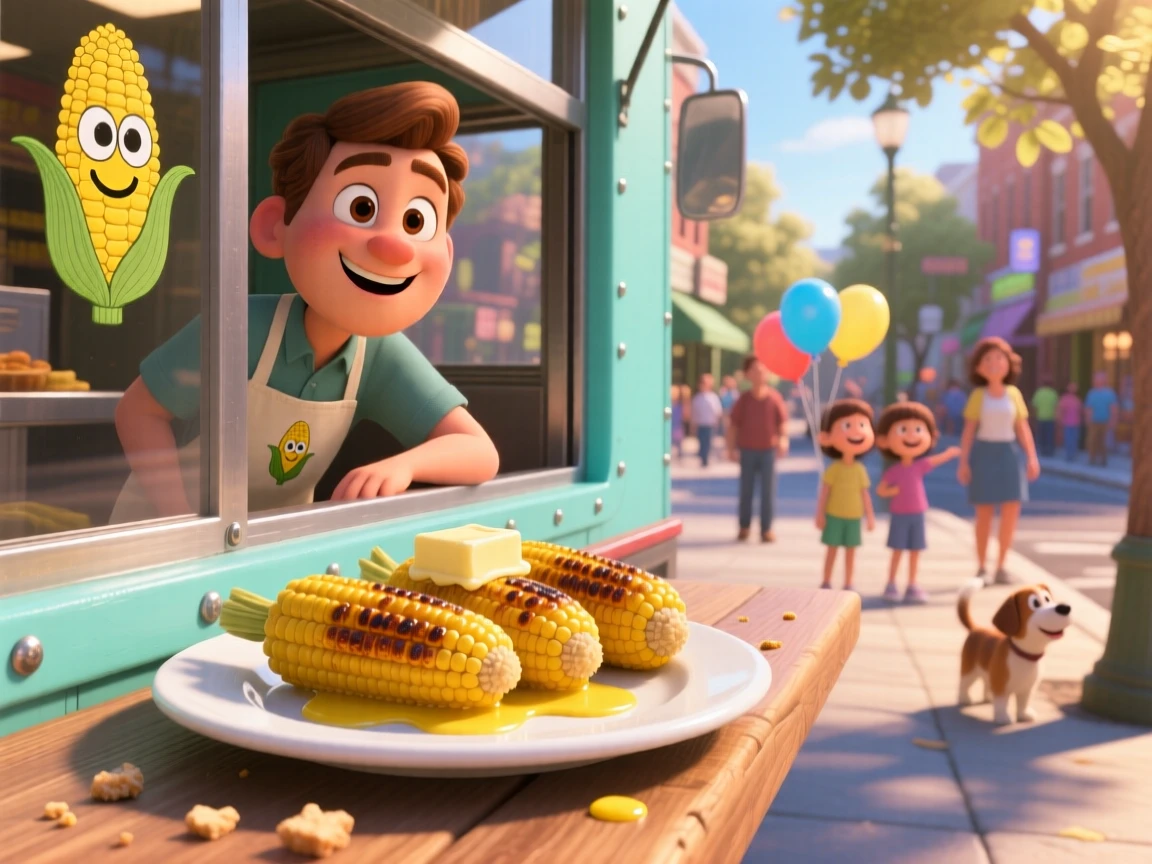 A plate of grilled corn on the cob with butter sits at a food truck window on a lively street, with a few crumbs scattered artfully around. The setting feels relaxed and satisfying.