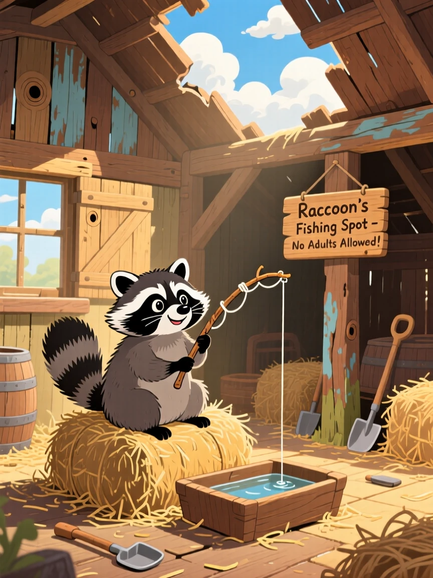 In an old wooden barn, a mischievous raccoon spends the afternoon fishing with a bent twig, as soft clouds drift overhead.