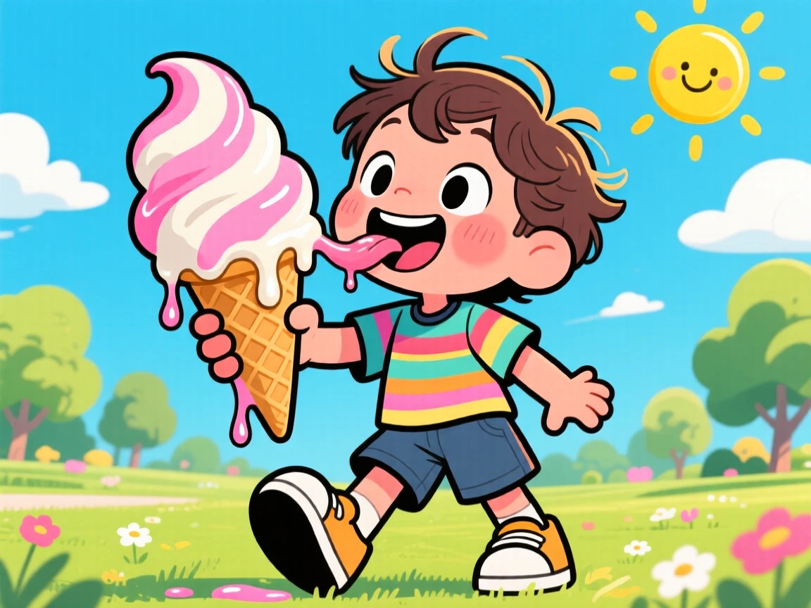 A child licking a melting ice cream cone on a summer day.