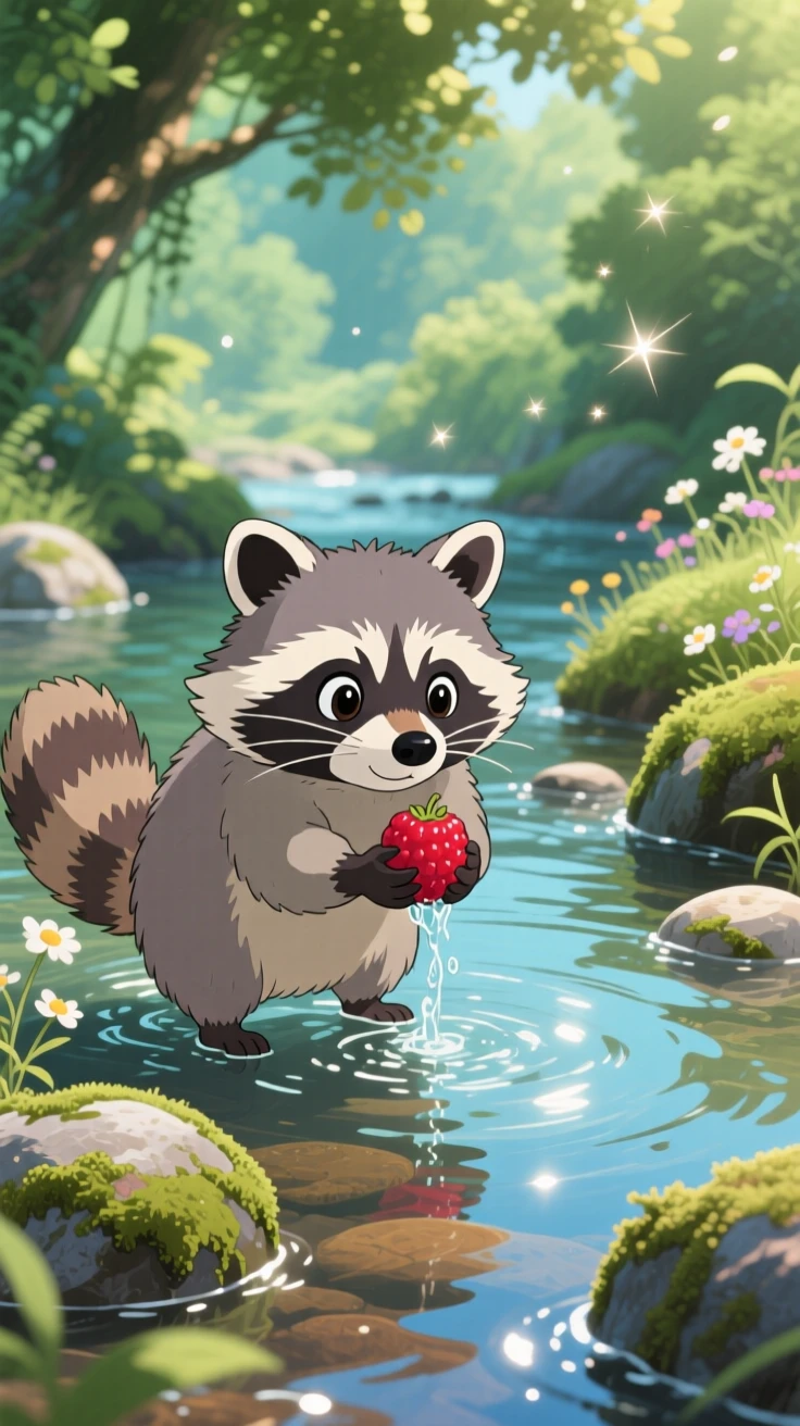 A raccoon washing a berry in a shallow stream, with a curious expression, ears perked up, radiating pure charm.