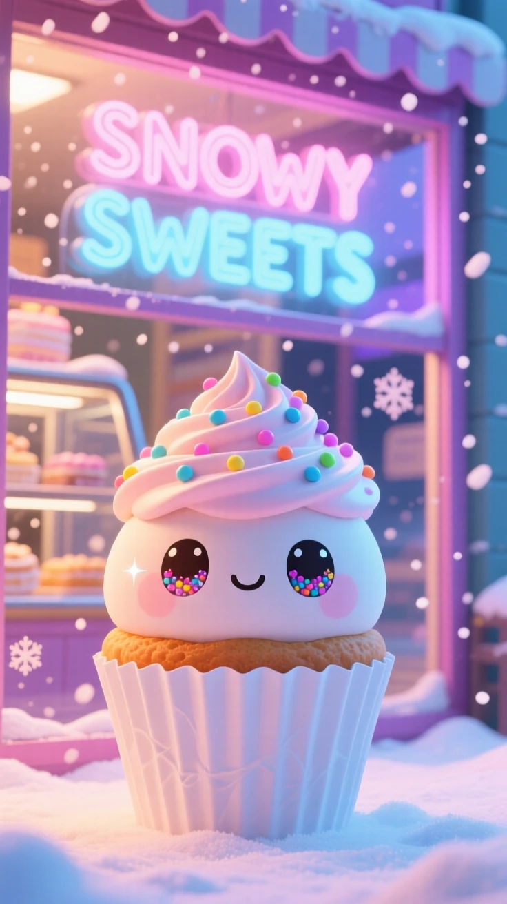 Waist-up portrait of a round cupcake character with sprinkle eyes, peeking out from a paper wrapper, in a bright bakery display case, during a cozy winter snowfall, illuminated by neon-lit glow, radiating peaceful calm.