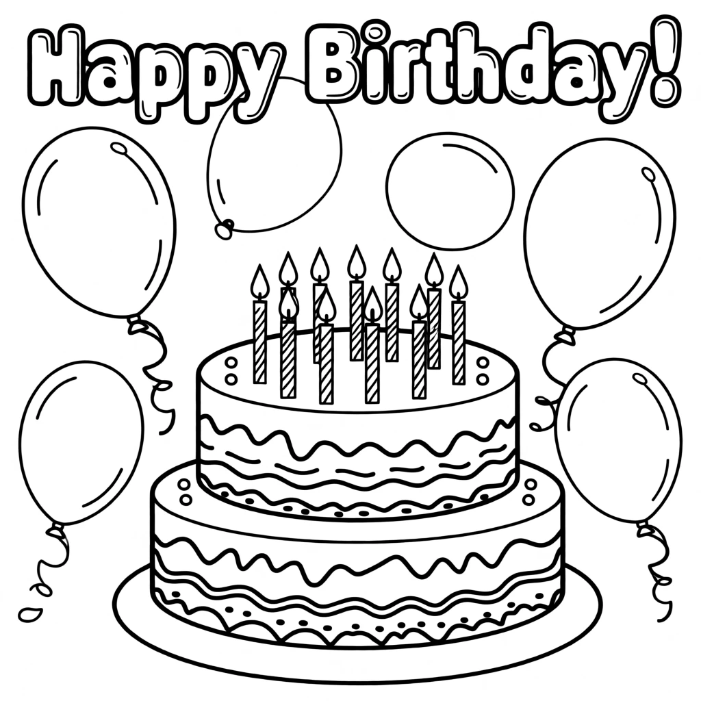 A birthday cake with candles surrounded by balloons