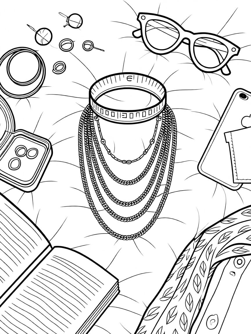 A choker necklace layered with delicate chains, laid out on a bed surrounded by scattered accessories.