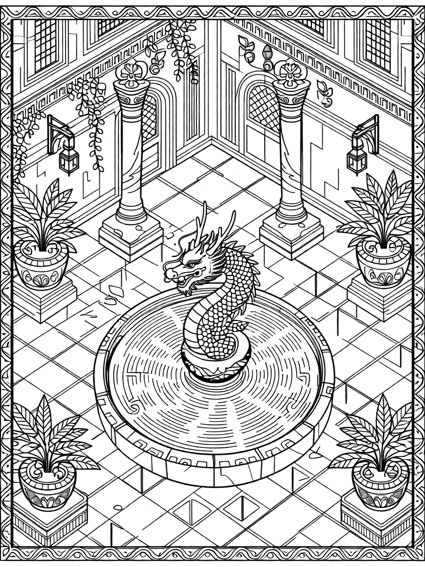 A stone dragon fountain in the courtyard of an ancient palace.